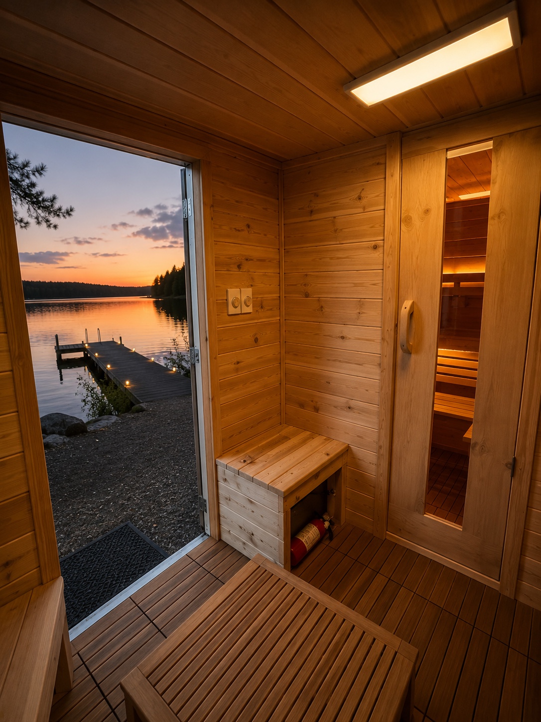 Cedar benches and ambient sauna lighting