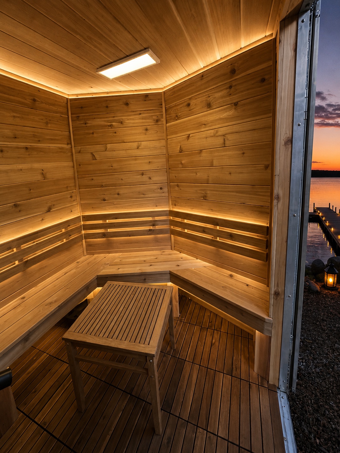 Wood-fired sauna stove and seating